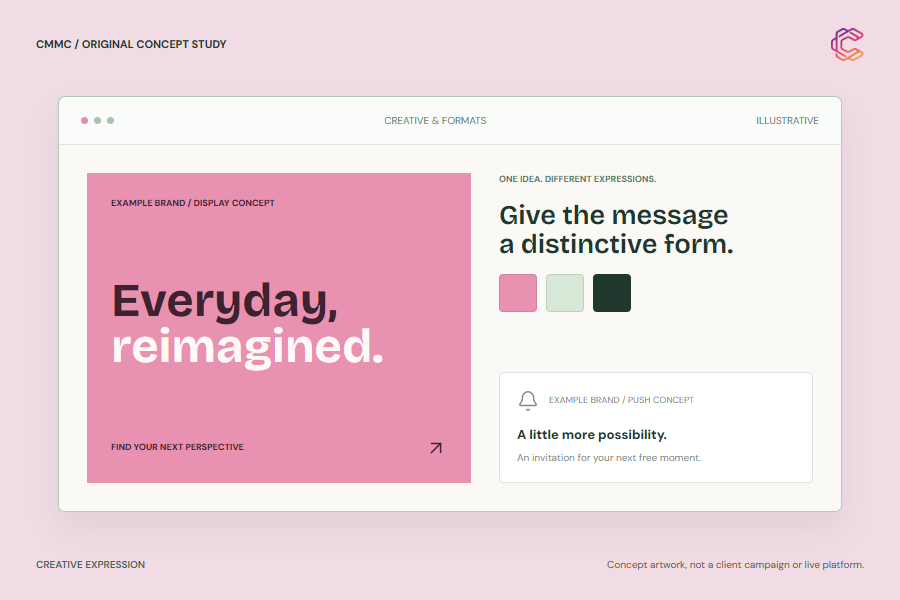 Original creative concept showing a coordinated display design and push notification for an example brand